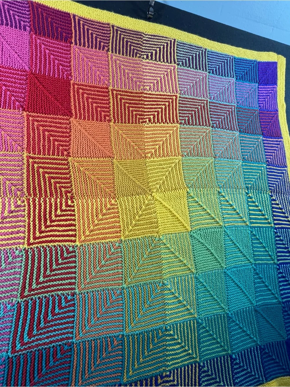 Hand Knit Rainbow Gradient Throw Blanket with Yellow Border